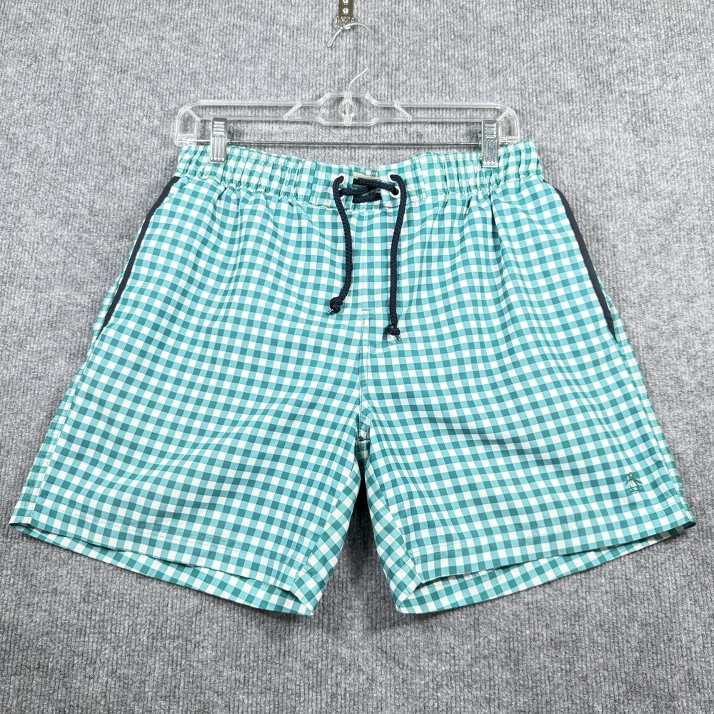 Original Penguin Swim Trunks Men's Medium Green White Gingham Board Shorts